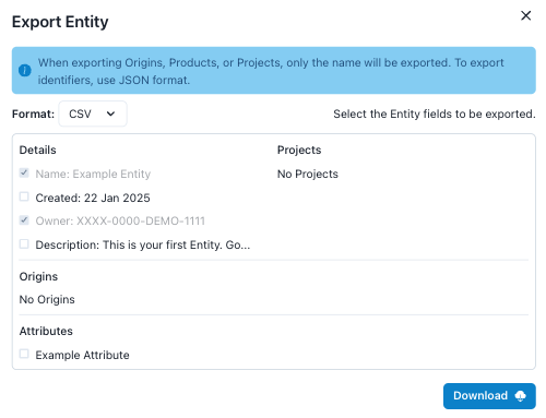 Export Entities - Entity View - Modal